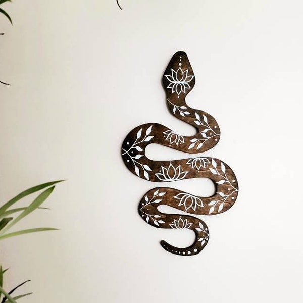 Serpent, wood snake art, flower snake , snake print, naturalist home decor, boho zen decor, earthy wall art, nature lover gift, lotus flower