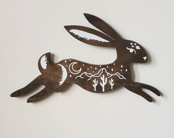 rabbit decor, wood wall art, celestial moon and stars decor, gender neutral nursery gift, boho wall art southwest decor,  woodland art