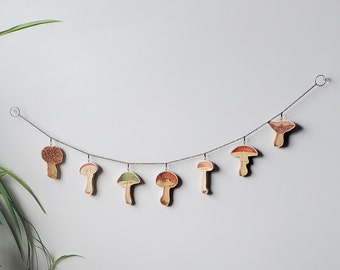 Wood mushroom garland, reclaimed wood wall art, mushroom art, woodland nursery wall hanging, cabin decor, hippie decor, naturalist style