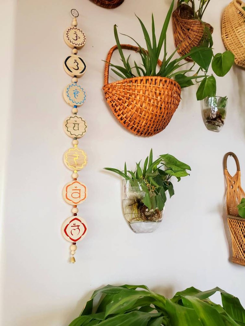 wood bead garland yoga decor boho wall hanging chakra wall hanging meditaion room chakra stones Chakra wall art mindfulness gift