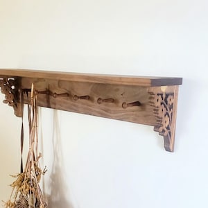 Shelf with pegs coat rack, French cottagecore shaker peg shelf, Reclaimed wood furniture entryway organizer, wood shelf with floral details