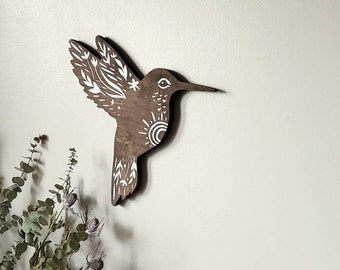 Hummingbird wood wall art, western decor wall hanging, woodland nursery decor baby shower gift, boho cottage core, earthy bedroom decoration