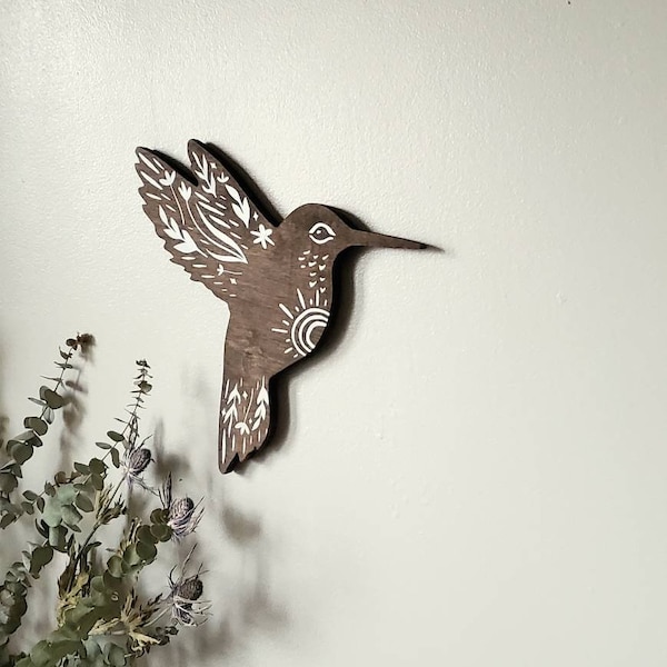 Hummingbird wood wall art, western decor wall hanging, woodland nursery decor baby shower gift, boho cottage core, earthy bedroom decoration