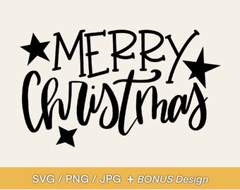 Merry Christmas SVG Design - Holiday Phrase with Stars - Clipart or Diecut for DIY Christmas Gifts, Mug, Tshirt, Bag, Notebook, Sticker