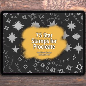 May include: A tablet screen displaying a digital illustration of 75 star stamps for Procreate. The image is set against a dark grey background with a yellow spray paint effect. The text "75 Star Stamps for Procreate" is displayed in white text on the yellow background. The text "Hand Drawn Brushes from Easel+Pen" is displayed in white text below the main text.