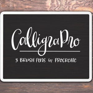 Può includere: Un tablet bianco con uno schermo nero che mostra il testo "CalligraPro 3 BRUSH PENS for PROCREATE" in bianco.