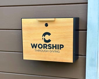 Church Collection Box, Douglas Fir and black metal,  Locking Wall mounted suggestion offering donation box, solid hardwood, top slot
