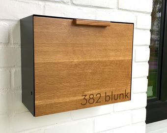 White Oak Mailbox, Black metal Cover, Wall Mounted
