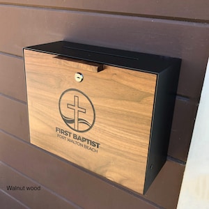 Church collection box, suggestion, donation, offering, locking wall mounted metal box, solid hardwood front, top slot