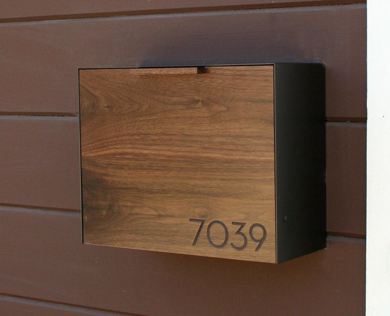 Modern and contemporary Mailbox, Solid walnut wood front with black powder coated metal Cover, Wall Mounted, engraved house numbers