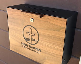 Church Collection Box, Locking Wall mounted suggestion offering donation box, solid hardwood, top slot