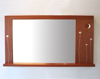Silver Inlayed Mahogany Wood Mirror, Moon Stars and Stylized Flowers