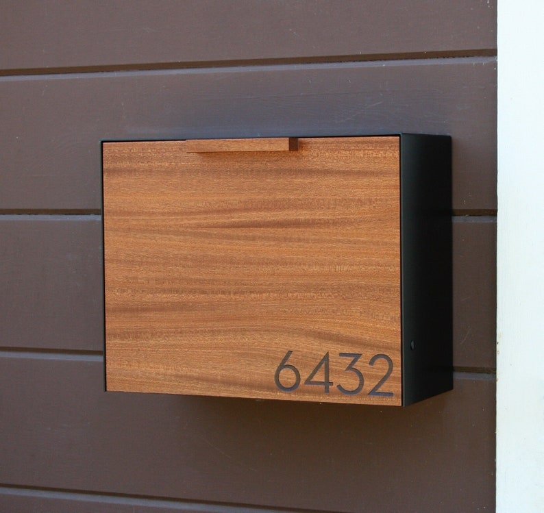 Modern Mahogany Mailbox, Black metal powder coated cover, Wall Mounted, mid century design, custom house numbers