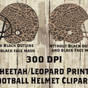 Könnte beinhalten: Ein digitales Clipart-Bild eines Footballhelms mit einem Geparden- oder Leopardenmuster. Das Bild zeigt zwei Versionen des Helms: eine mit schwarzem Umriss und Gesichtsmaske und eine ohne. Der Text "300 DPI" ist im Bild enthalten.