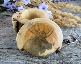 Rustic Ring Box with Moose Artwork. Wooden Ring Box. Engagement Ring Box. Wildlife Ring Box. Moose Ring Box. Wildlife Gift.