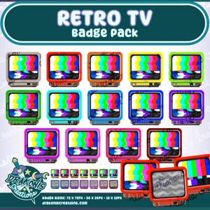 May include: A set of 20 retro TV badges in various colors, including red, blue, green, yellow, and purple. Each badge features a pixelated image of a vintage television screen with static.