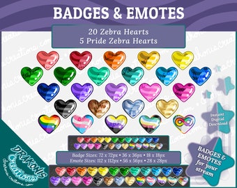 25 Zebra Heart Sub / Bit Badges & Emotes - Twitch, Discord, YouTube (20 Full Color Zebra Hearts / 5 Pride Zebra Hearts)