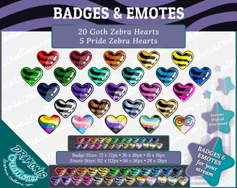 25 Zebra Heart Sub / Bit Badges & Emotes - Twitch, Discord, YouTube (20 Goth Zebra Hearts / 5 Pride Zebra Hearts)