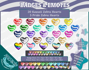 25 Zebra Heart Sub / Bit Badges & Emotes - Twitch, Discord, YouTube (20 Kawaii Zebra Hearts / 5 Pride Zebra Hearts)