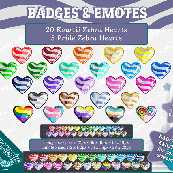 25 Zebra Heart Sub / Bit Badges & Emotes - Twitch, Discord, YouTube (20 Kawaii Zebra Hearts / 5 Pride Zebra Hearts)