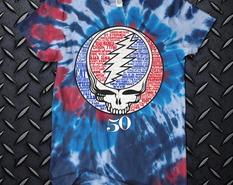 Americana Tie Dye Grateful Dead T-Shirt – Steal Your Face Typography Shirt, Patriotic Deadhead Tee, Vintage Rock Band Shirt,