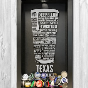 Texas Craft Beer Cap Shadow Box, Engraved Typography Art