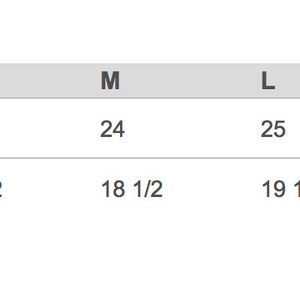 May include: Size chart showing finished measurements for a garment in inches. The chart lists sizes XS through 2XL and includes measurements for body length and body width.