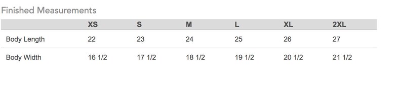 May include: Size chart showing finished measurements for a garment in inches. The chart lists sizes XS through 2XL and includes measurements for body length and body width.