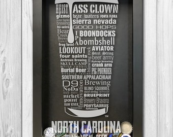 Engraved North Carolina Brewery Shadow Box: Personalized Beer Cap Wall Art