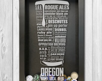 OREGON Craft Beer Typography bottle cap Shadow Box, Beer cap holder, beer gift, fathers day gift, gifts under 50Christmas gifts