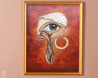 Surreal Painting, Surreal Scene, wall print, wall decor, home decor, Eye, Surreal Portrait, Earring, Pearl, Gold, Surreal Flower, Acrylic