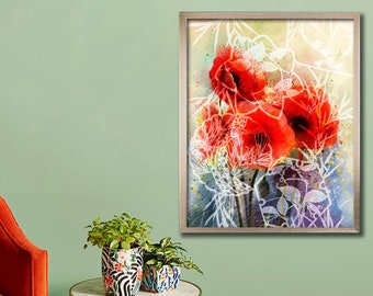 Water colour print, poppy flowers, wall print, wall decor, home decor, floral print, red and pastel tones, poppies, wall art