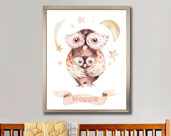 Mommy and baby owl, cute owl print, Whimsical Nursery Print, Nursery Wall Art, Children decor, Modern Nursery, Baby nursery art, watercolour