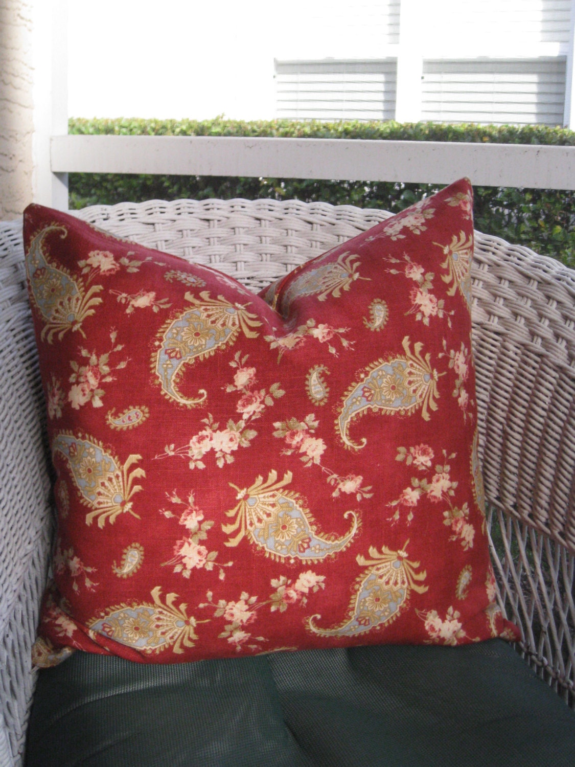 Red Throw Pillow Cover Red Paisley Linen Waverly Prelude Etsy