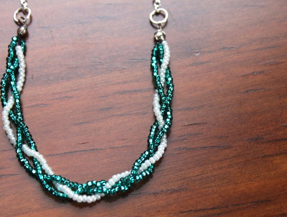 Items similar to Teal and White Braided Seed Bead Necklace with Silver ...