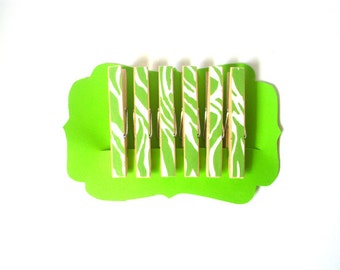 Green Zebra Stripe Decorative Clothespins//Altered Clothespins//Zebra Stripe//Unique Gift Ideas//Chip Clips//Gifts for Her