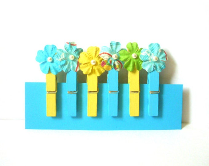 Painted Clothespinsyellow and Turquoise With Flowers Etsy