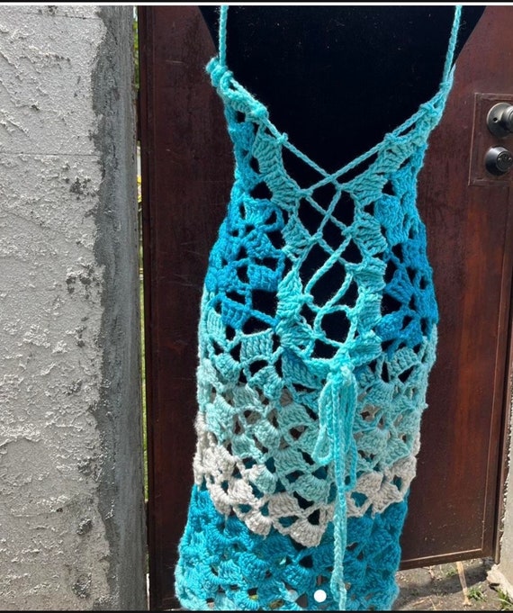 Crochet Beach Coverup dress in Blues