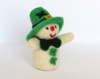 Needle Felted Snowman St Patrick Day-themed for an Irish ornament and Lucky green decor, cute handmade gnome figurine for dollhouse