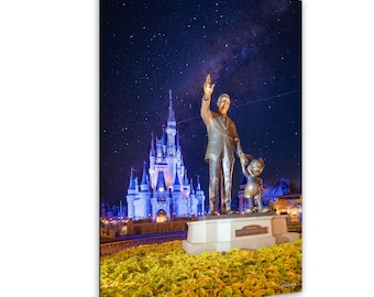 Disney World Print: Walt and Mickey Partners Statue with Cinderella's Castle