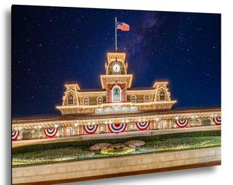 Magic Kingdom Train Station Print - Night View with Floral Mickey