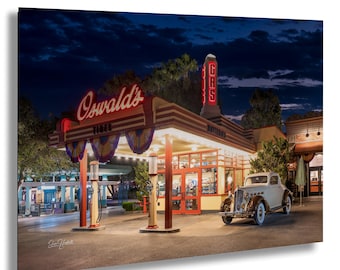 Impresión en lienzo acrílico y metal de la gasolinera de Oswald, DCA, Disney California Adventure
