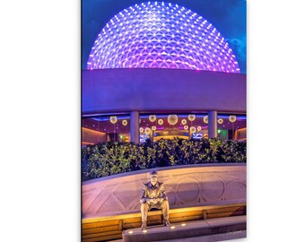 EPCOT Night Photo: Illuminated Walt Disney Statue - Spaceship Earth Glow, Disney World Artistry, Archival Quality Prints