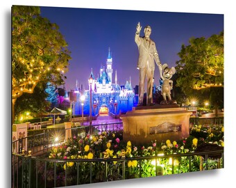 Disneyland Print: Walt and Mickey Partners Statue with Castle