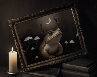 Mystical Toad with Antlers Art Print, Dark Cottagecore Fantasy Aesthetic Mushroom Nature Printable, Goblincore Frog Decor, Witchy Wall Art