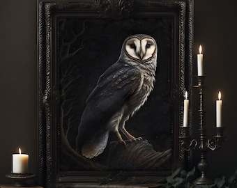 Night Owl Painting, Dark Cottagecore Decor, Nature Wall Art Printable, Mystical Owl Download, Witchy Room Decor, Woodland Animal Art Print