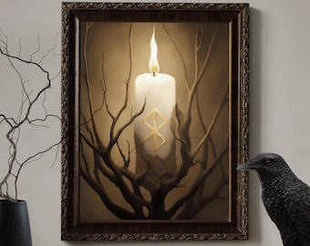 Pagan Bindrune Candle Art Print, Tree Nature Dark Cottagecore Mystical Wiccan Wall Decor, Witchy Wall Art, Witch Decor Bedroom Printable Art