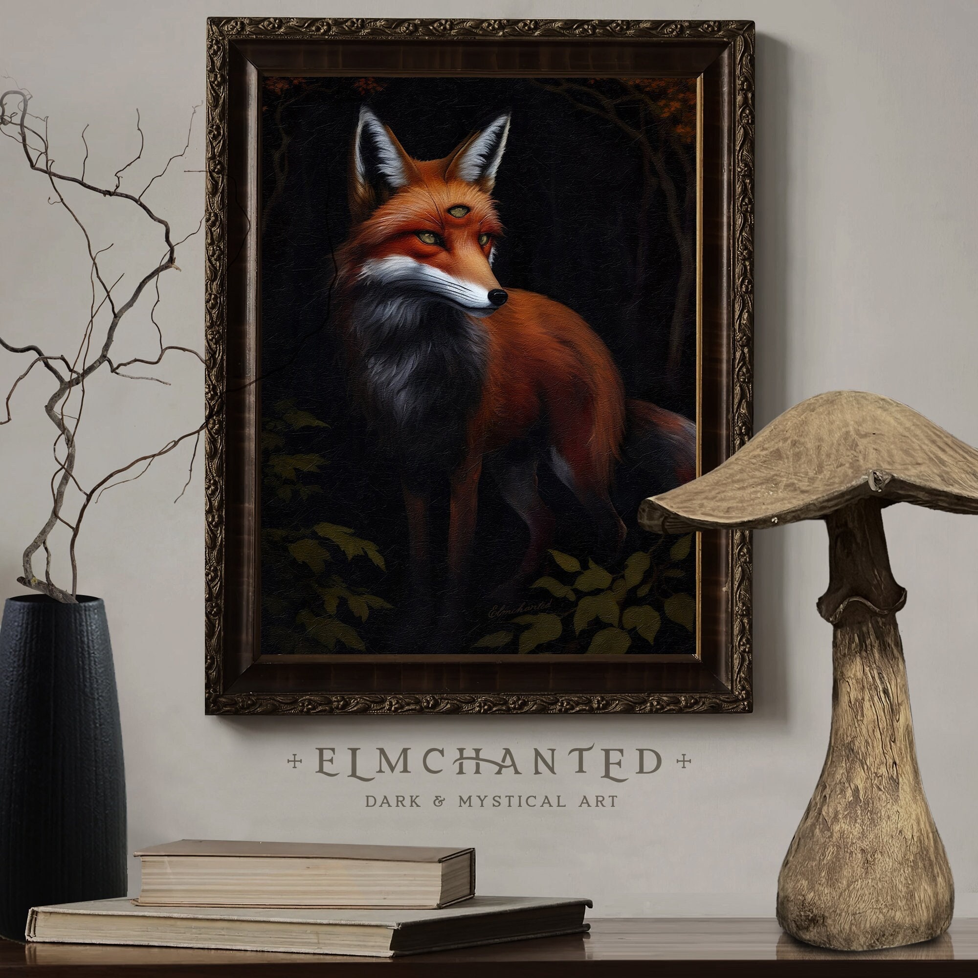絵画 FOXYDEEP 5 Three Eyed Fox Painting, Dark Cottagecore Decor, Woodland Forest