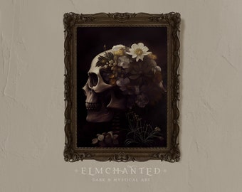 Impresión de arte de calavera floral, decoración de pared gótica, estética espeluznante, impresiones de arte oscuro, descarga digital de decoración de brujas, arte de pared de Halloween IMPRIMIBLE