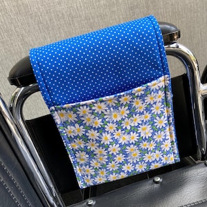 Wheelchair Bag Blue Daisies and Dots Fits Inside Arm and Keeps Necessities Close At Hand!